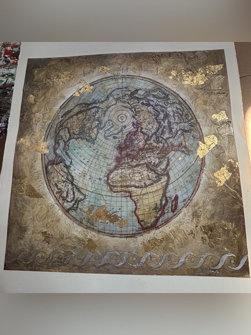 Antique-Style World Painting in Blue, Gold and Brown 20x20”
